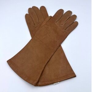 VTG Brown Leather 100% Silk Lined Winter Gloves Long Cuff Classic Women's Size 7